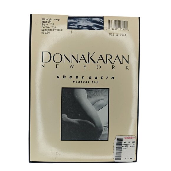 Vintage Donna Karan Sheer Satin Control Top Hosiery Size Medium Midnight Navy - Picture 1 of 3